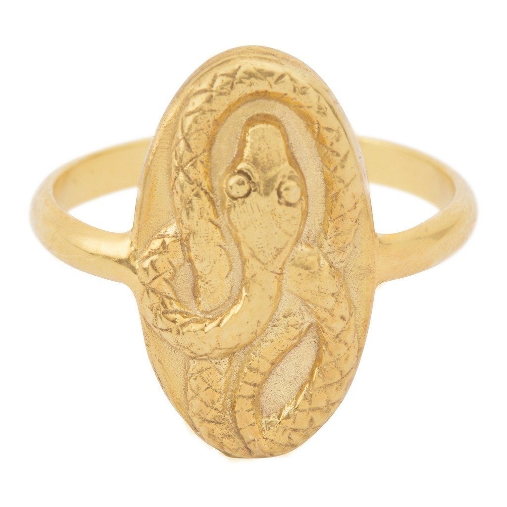 Gold raised relief snake serpent signet ring. This ring is hand engraved